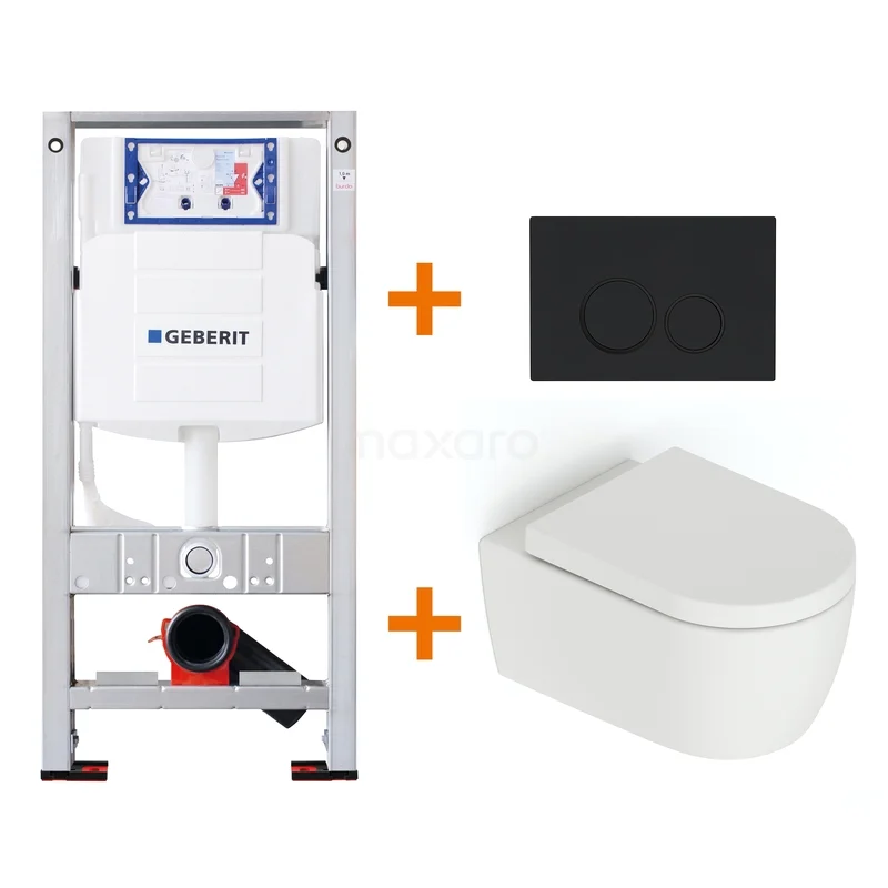 WC-Sets Matt Weiß ohne Spülrand + Geberit UP320 Unterputzspülkasten mit Schallschutz TOI4684 Integriertes WC-Set mit schwarzer Betätigungsplatte und weißem Stand-WC, ideal für moderne Bäder.