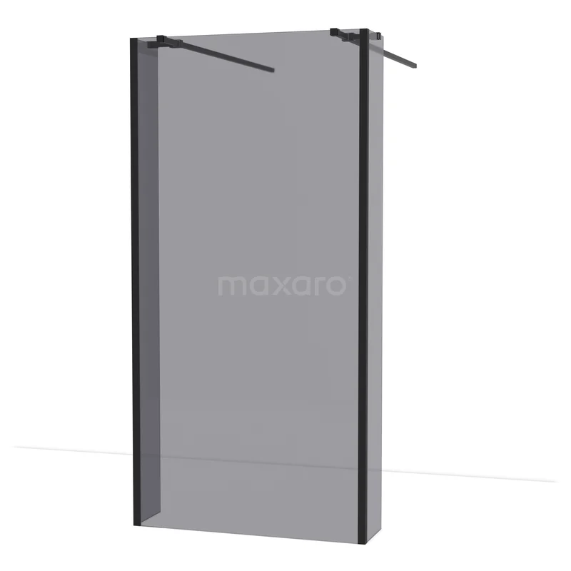 Diamond Walk-in shower | 95 cm Matte black Smoke glass Free-standing wall with side walls IDG100361MBN Moderne, transparante douchewand van glas met zwarte metalen profielen, ideaal voor een strakke badkamerinrichting.
