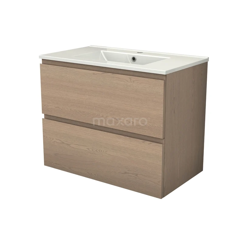 Modulo Plus Badkamermeubel met wastafel | 80 cm Naturel eik Greeploos front Keramiek 2 lades onder elkaar BMW47-00012 Modulo Plus Badkamermeubel met wastafel | 80 cm Naturel eik Greeploos front Keramiek 2 lades onder elkaar BMW47-00012