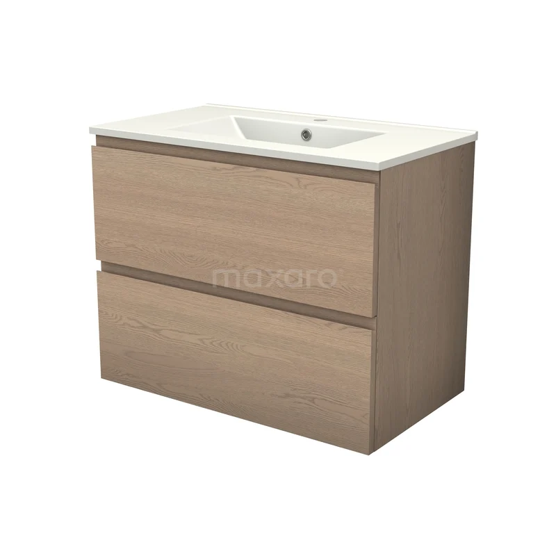 Modulo Plus Badkamermeubel met wastafel | 80 cm Naturel eik Greeploos front Keramiek 2 lades onder elkaar BMW47-00013 Modulo Plus Badkamermeubel met wastafel | 80 cm Naturel eik Greeploos front Keramiek 2 lades onder elkaar BMW47-00013