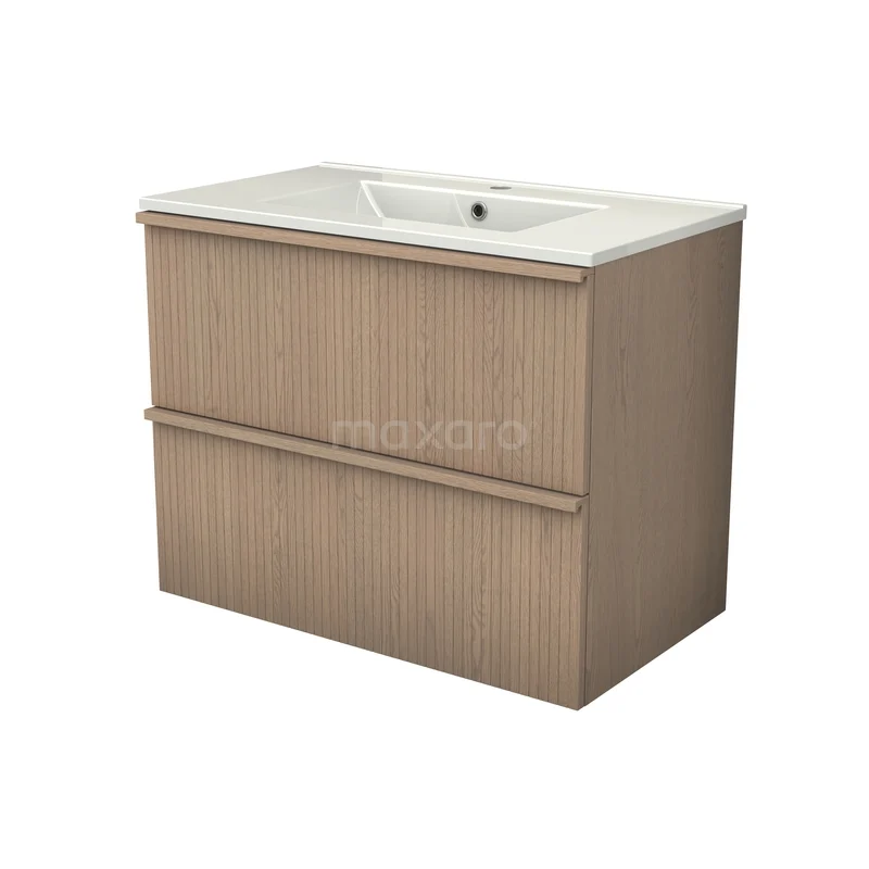 Modulo Plus Badkamermeubel met wastafel | 80 cm Naturel eik Ribbel front Keramiek 2 lades onder elkaar BMW47-00028 Modulo Plus Badkamermeubel met wastafel | 80 cm Naturel eik Ribbel front Keramiek 2 lades onder elkaar BMW47-00028