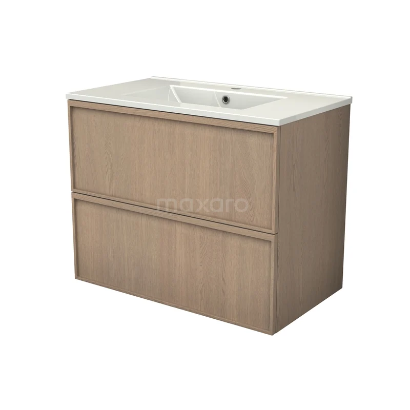Modulo Plus Badkamermeubel met wastafel | 80 cm Naturel eik Lijst front Keramiek 2 lades onder elkaar BMW47-00076 Modulo Plus Badkamermeubel met wastafel | 80 cm Naturel eik Lijst front Keramiek 2 lades onder elkaar BMW47-00076