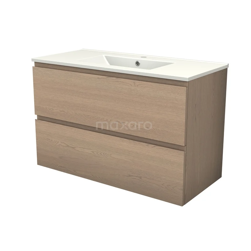 Modulo Plus Badkamermeubel met wastafel | 100 cm Naturel eik Greeploos front Keramiek 2 lades onder elkaar BMW47-00098 Modulo Plus Badkamermeubel met wastafel | 100 cm Naturel eik Greeploos front Keramiek 2 lades onder elkaar BMW47-00098