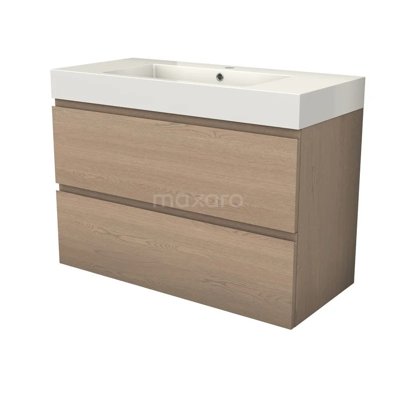 Modulo Plus Badkamermeubel met wastafel | 100 cm Naturel eik Greeploos front Mineraalmarmer 2 lades onder elkaar BMW47-00099 Modulo Plus Badkamermeubel met wastafel | 100 cm Naturel eik Greeploos front Mineraalmarmer 2 lades onder elkaar BMW47-00099