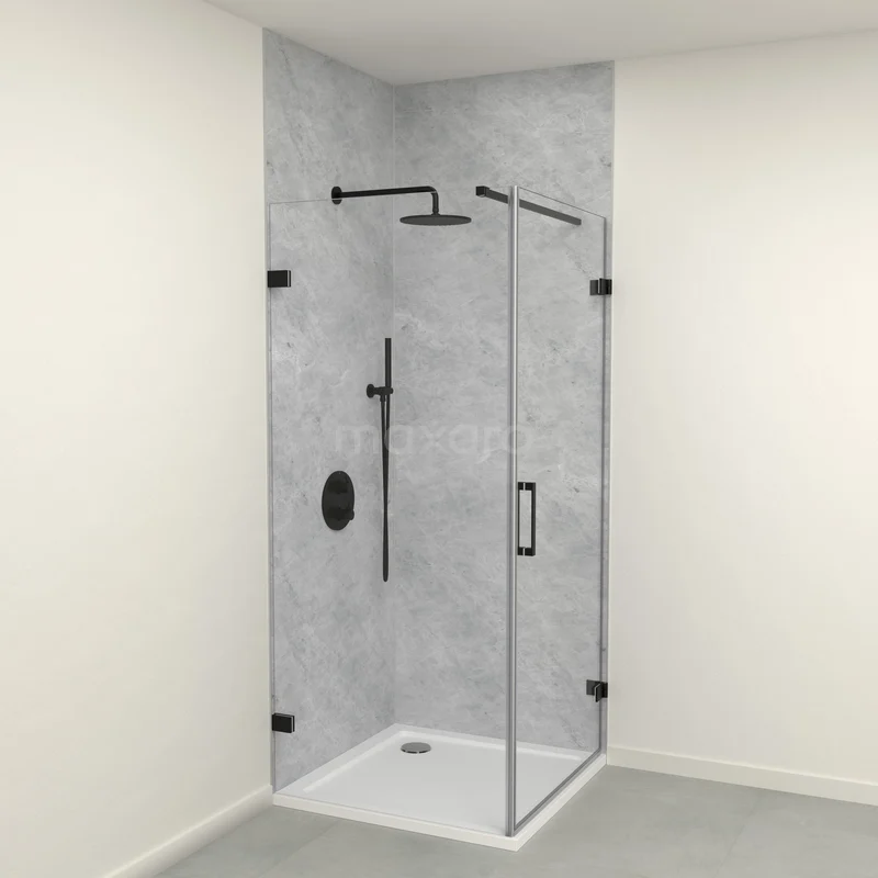 SPC wall panel set | 90x90x260 cm | Tundra light grey WP01-2609-14-01 Moderne glazen douchecabine met zwart metalen accenten en regendouche, perfect voor een stijlvolle badkamerinrichting.