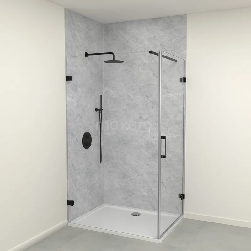 SPC wall panel set | 90x120x260 cm | Tundra light grey WP01-2609-14-02 Moderne inloopdouche met glazen wanden en zwart metalen accessoires, ideaal voor een stijlvolle badkamer.