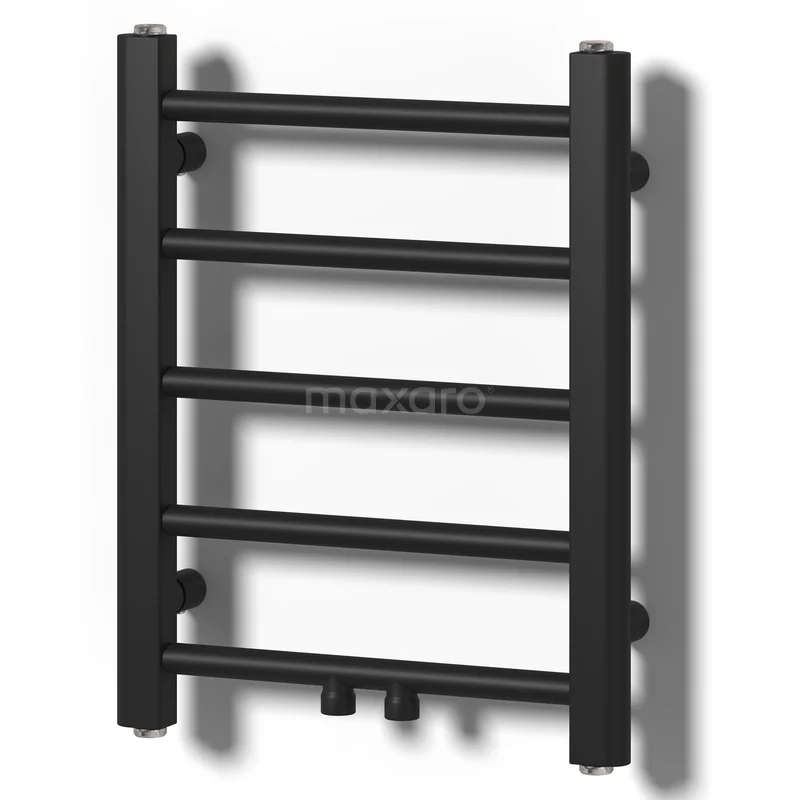 Vega Handdoekradiator | 40x50 cm Mat zwart 413 W att Staal Centrale verwarming DR70-0405MBN Zwarte design handdoekradiator van staal met vijf horizontale buizen, ideaal voor een moderne badkamer.