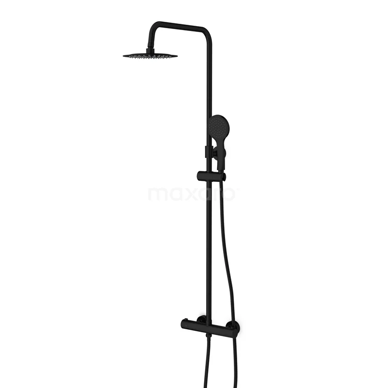 Regenbrause-Set Balance Schwarz, Thermostatarmatur, 20cm Kopfbrause, Schwarz DSC-0304-20000 Moderne schwarze Regendusche mit verstellbarer Handbrause, schlankem Design und matt schwarzer Oberfläche für ein stilvolles Badezimmer.