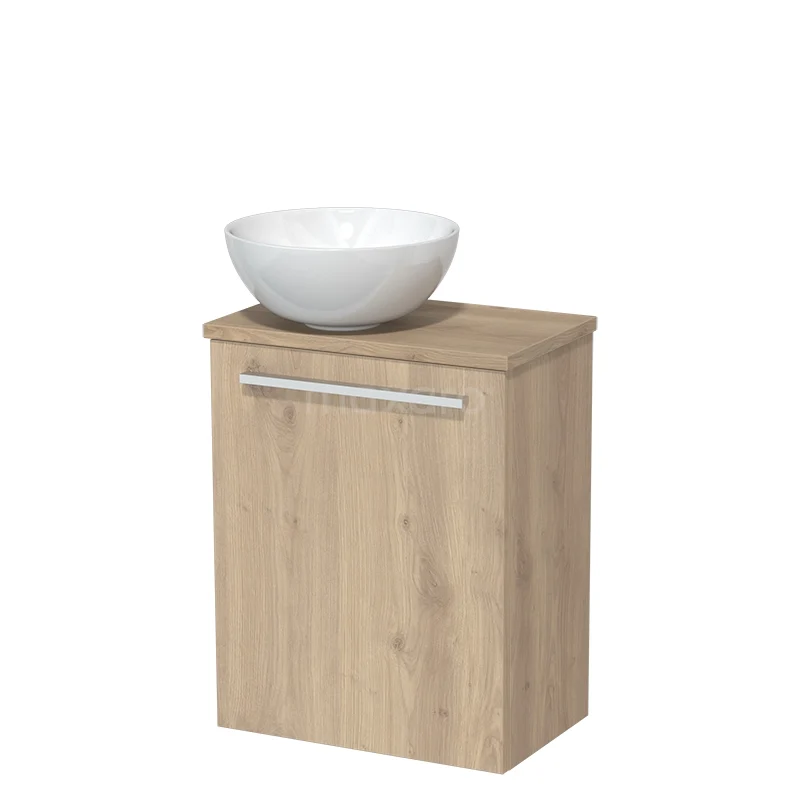 WC-Möbel mit Aufsatzwaschbecken | 41 cm Hellbraune Eiche Glatte Front Hochglanz Weiß Keramik-Aufsatzwaschbecken Hellbraune Eiche Platte TMK10-02723 Holz Badschrank mit weißem Aufsatzwaschbecken, modernes Aussehen, Teil der skandinavischen Badmöbelserie.