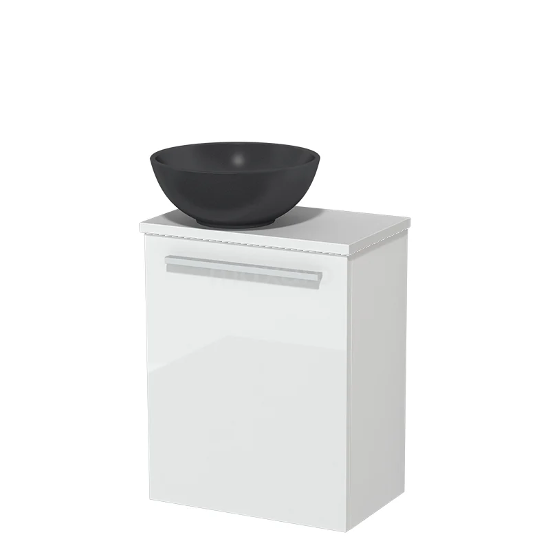 WC-Möbel mit Aufsatzwaschbecken | 41 cm Hochglanz Weiß Glatte Front Matt Schwarz Quarz Aufsatzwaschbecken Hochglanz Weiß Platte TMK10-04921 Weißes Badmöbel mit Aufsatzwaschbecken in Matt Schwarz, schlankes Design, geeignet für moderne Bäder.