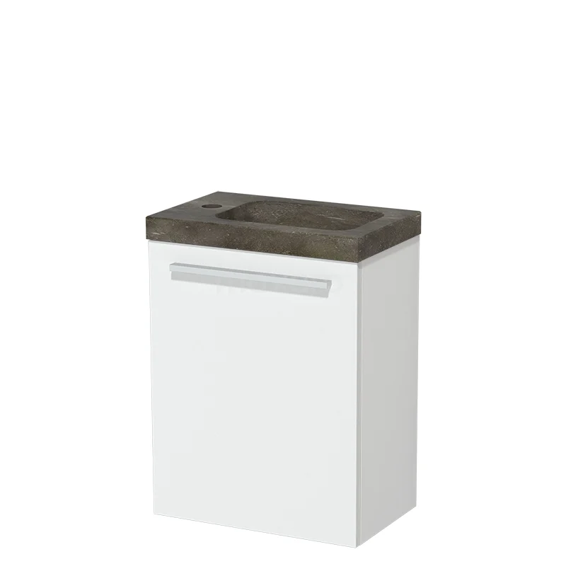 Modulo Pico WC-Möbel mit Waschbecken | 40 cm Matt Weiß Glatte Front Naturstein TMW10-00171 Weißer Badschrank mit dunklem Waschbeckenplatte, kompakte Form, integrierter Haltegriff, ideal für stilvolle Badezimmerlagerung.