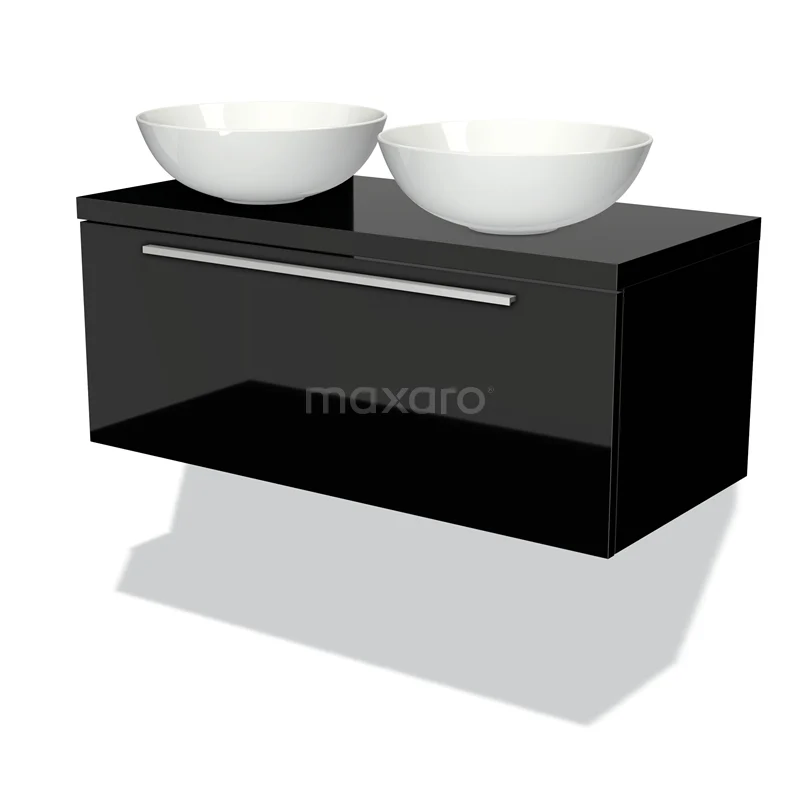 Waschtischunterschrank mit Konsole 100cm Modulo Plato Hochglanz Schwarz 1 Schublade Flach BMK11-00063 Schwarzer Badschrank mit glänzender Oberfläche, doppelten Aufsatzwaschbecken, chromfarbener Haltegriff, ideal für moderne Badezimmeraufstellungen.