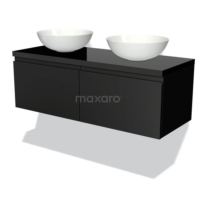 Modulo Plato Vanity units for countertop basin | 120 cm Matte black Handle-less front High-gloss black worktop 2 Side-by-side drawers BMK12-00115