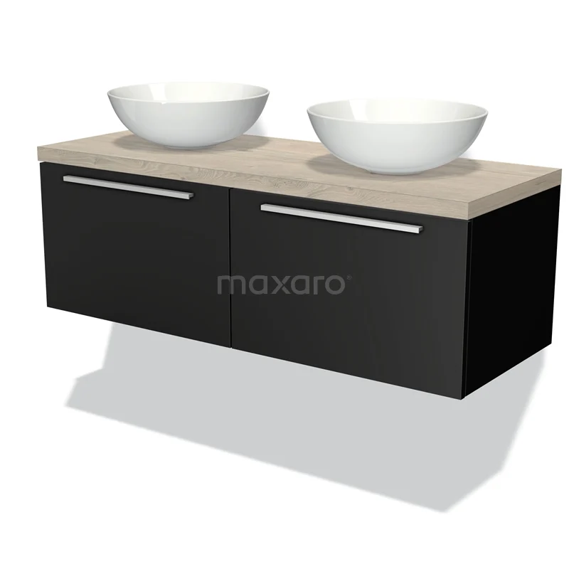 Modulo Plato Vanity units for countertop basin | 120 cm Matte black Flat front Light grey oak worktop 2 Side-by-side drawers BMK12-00119