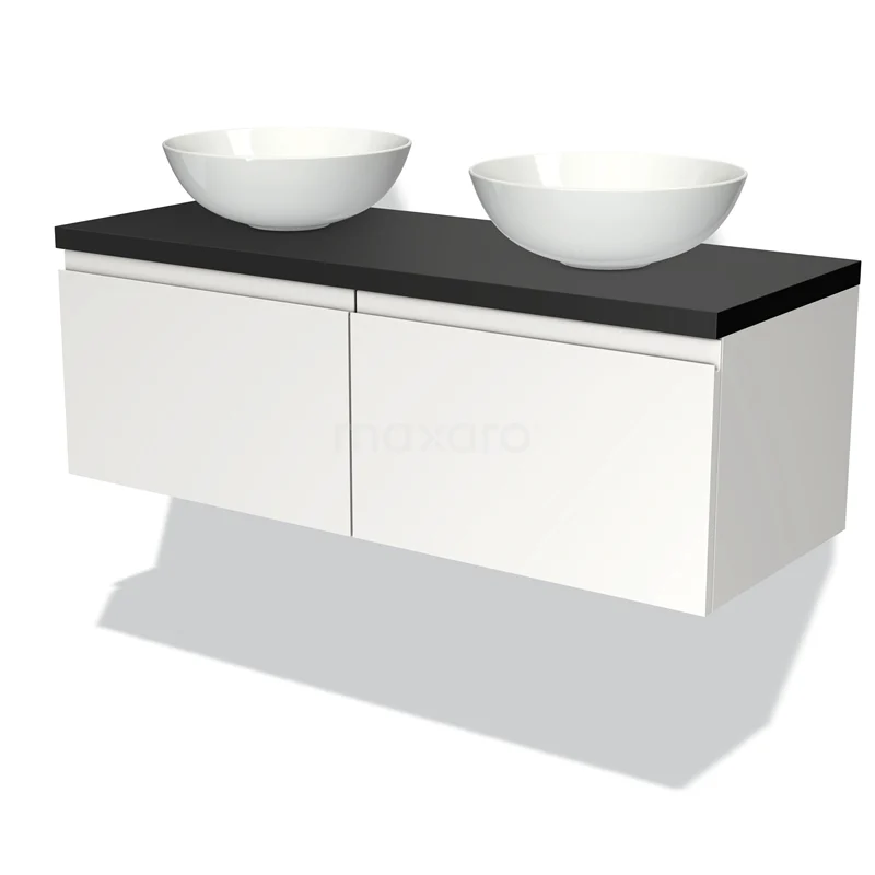 Badmöbelunterschrank mit Konsole 120cm Modulo Plato Matt Weiß 2 Schubladen Grifflos Matt Schwarz Platte BMK12-00220 Weißes schwebendes Badmöbel mit schwarzer Platte und zwei runden Waschbecken, modernes Design und nachhaltige Verarbeitung.