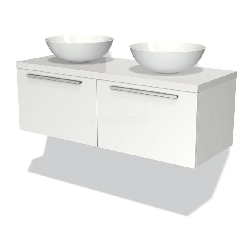 Waschtischunterschrank mit Konsole 120cm Modulo Plato Matt Weiß 2 Schubladen Flach Hochglanz Weiß Platte BMK12-00224 Weiße hängende Badmöbelset mit Doppelwaschbecken, schlichten Griffen und modernem Design.