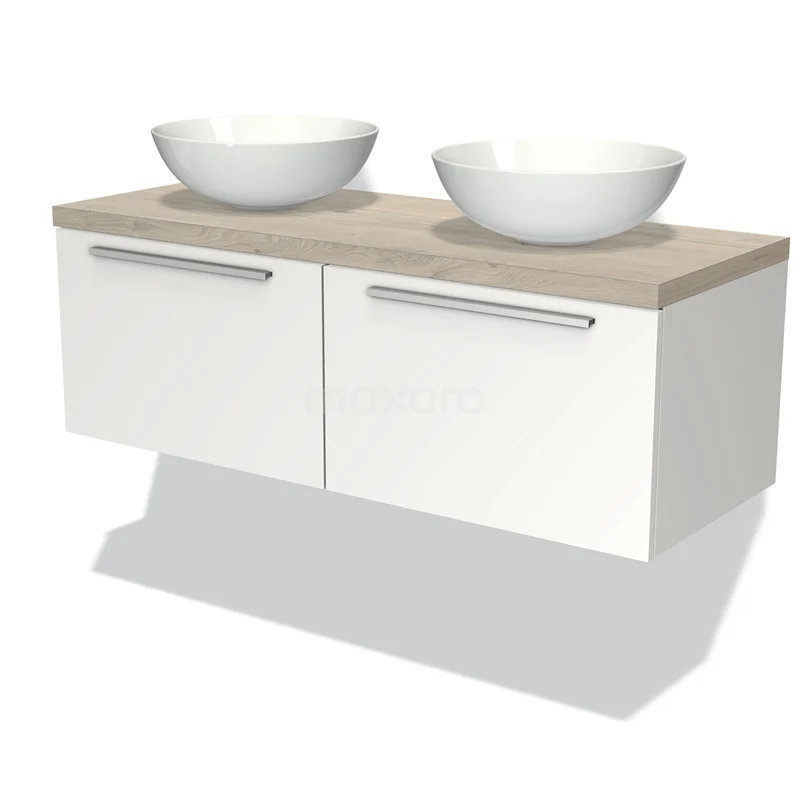 Badmöbel für Aufsatzwaschbecken 120cm Modulo Plato Matt Weiß 2 Schubladen Flach hellgraue Eiche Platte BMK12-00236 Weißes hängendes Badmöbel mit Holzplatte, doppelten Aufsatzwaschbecken und schlichten Haltegriffen, ideal für einen modernen Badezimmerstil.