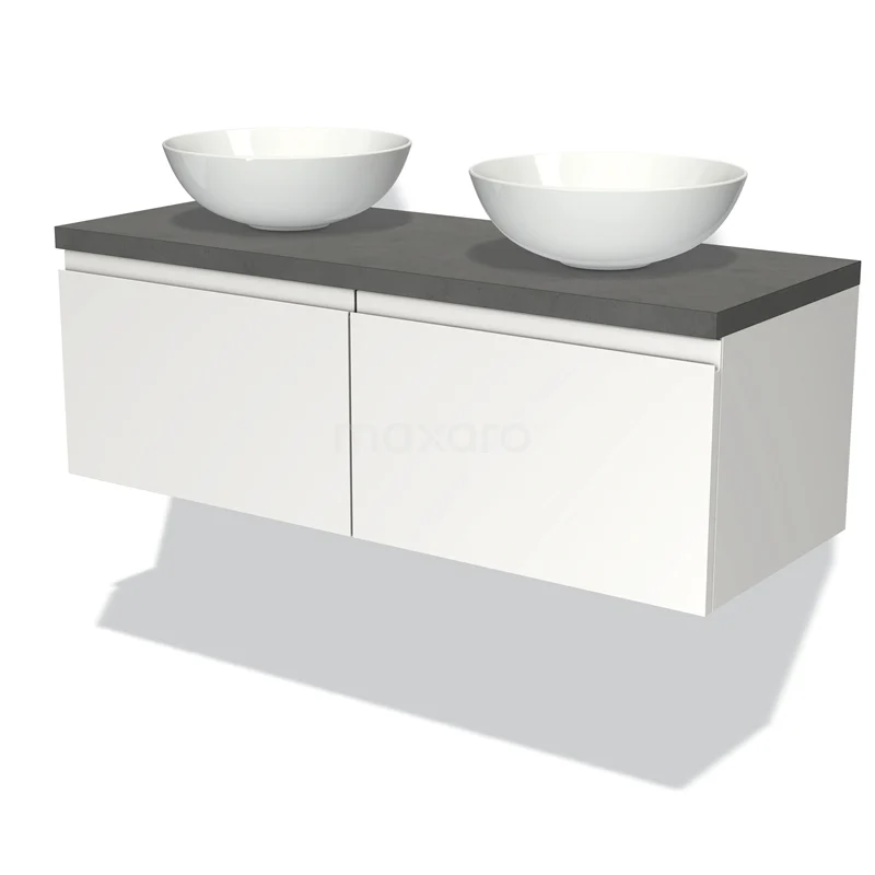 Badmöbel für Aufsatzwaschbecken 120cm Modulo Plato Matt Weiß 2 Schubladen Grifflos Dunkelgrauer Beton Platte BMK12-00256 Weißes schwebendes Badmöbel mit dunkelgrauer Steinplatte und zwei runden weißen Aufsatzwaschbecken, modernes Design.