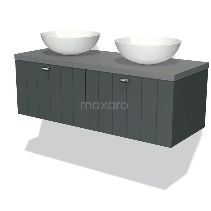 Badmöbel für Waschtischunterschrank mit Konsole 120cm Modulo Plato Dunkelgrau 2 Schubladen Latten Mittelgrau Platte BMK12-00261 Graue Badmöbelset mit 2 runden Aufsatzwaschbecken, modernes Wandmöbel aus Holzfurnier, ideal für ein stilvolles Badezimmer.