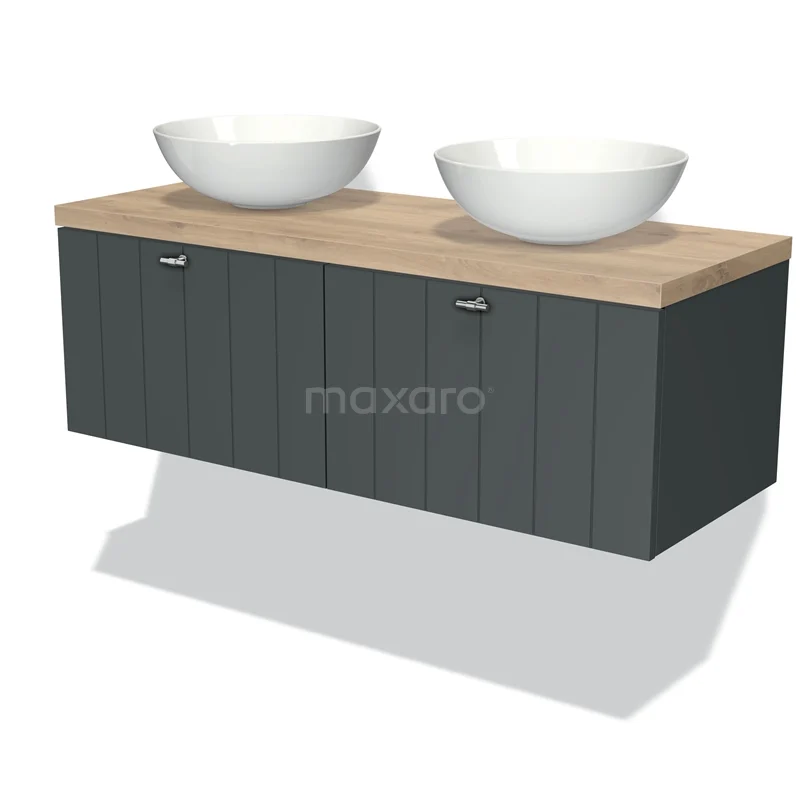 Badmöbel für Aufsatzwaschbecken 120cm Modulo Plato Dunkelgrau 2 Schubladen Lamelle Hellbraune Eiche Platte BMK12-00279 Moderne Badmöbelset mit grauer Holzoptik Schrank, zwei weißen Aufsatzwaschbecken und einer robusten Eichenplatte.