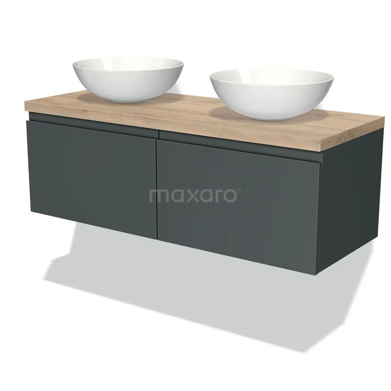 Badmöbel für Aufsatzwaschbecken 120cm Modulo Plato Dunkelgrau 2 Schubladen Grifflos Hellbraune Eiche Platte BMK12-00280 Grau Holz Badmöbel mit zwei weißen Aufsatzwaschbecken, moderner Stil und sanftem Schließen, perfekt für jedes Badezimmer.