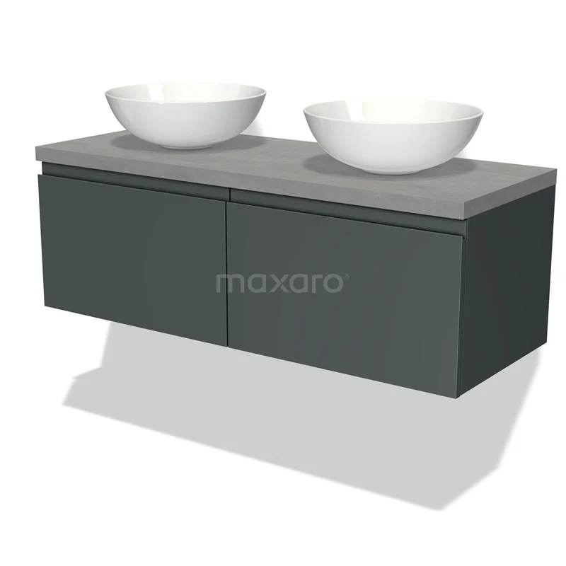 Badmöbel für Aufsatzwaschbecken 120cm Modulo Plato Dunkelgrau 2 Schubladen Grifflos Hellgrauer Beton Platte BMK12-00292 Graue, schwebende Badmöbelset mit Doppelwaschbecken, modernes Design und langlebige Ausführung für moderne Bäder.