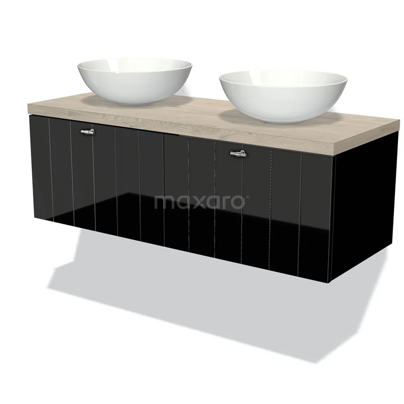 Modulo Plato Vanity units for countertop basin | 120 cm High-gloss black Slat front Light grey oak worktop 2 Side-by-side drawers BMK12-00315