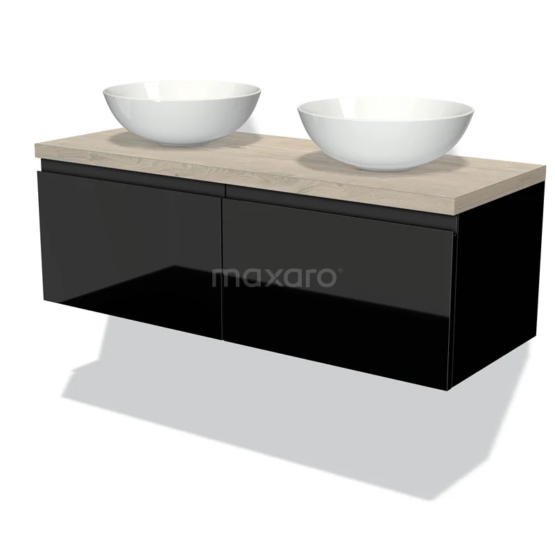 Modulo Plato Vanity units for countertop basin | 120 cm High-gloss black Handle-less front Light grey oak worktop 2 Side-by-side drawers BMK12-00316