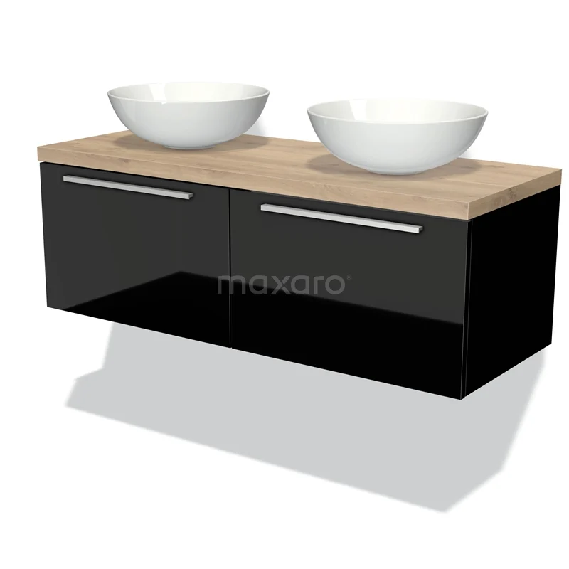 Modulo Plato Vanity units for countertop basin | 120 cm High-gloss black Flat front Light brown oak worktop 2 Side-by-side drawers BMK12-00317
