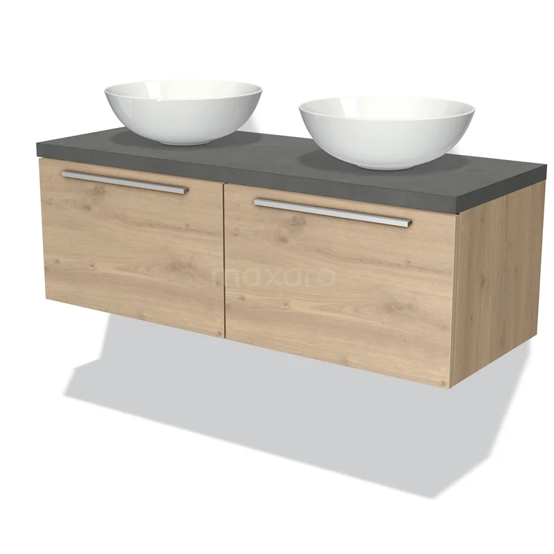 Badmöbel für Aufsatzwaschbecken 120cm Modulo Plato Hellbraune Eiche 2 Schubladen Flach Dunkelgrauer Beton Platte BMK12-00411 Hängendes Badmöbel mit doppelten weißen Aufsatzwaschbecken, Holzfront und Dunkelgrau Platte, ideal für moderne Bäder.