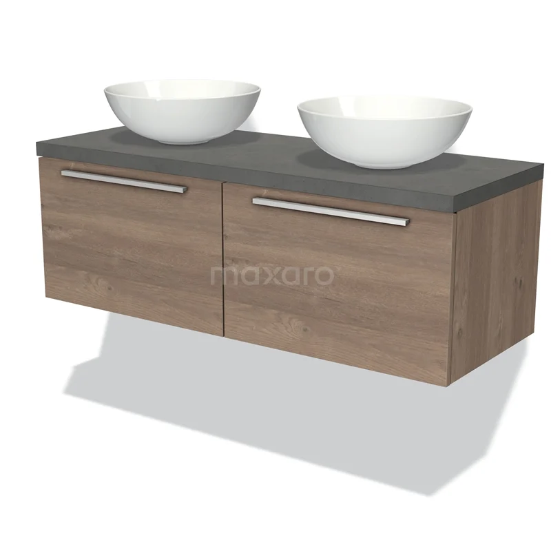 Badmöbel für Aufsatzwaschbecken 120cm Modulo Plato mittelbraune Eiche 2 Schubladen Flach dunkelgrauer Beton Platte BMK12-00437 Holz-Badmöbel mit grauer Platte, zwei weißen Aufsatzwaschbecken und metallischen Griffen, modernes Design für Bäder.