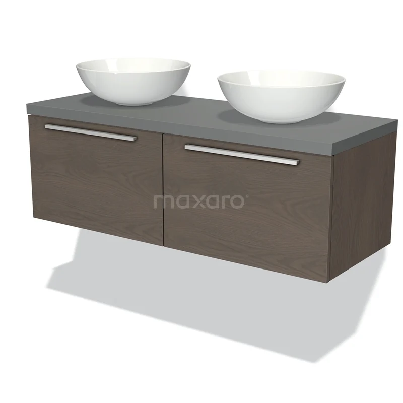 Badmöbel für Waschtischunterschrank mit Konsole 120cm Modulo Plato dunkelbraune Eiche 2 Schubladen Flach Mittelgrau Platte BMK12-00441 Modern hängendes Badmöbel mit zwei weißen Aufsatzwaschbecken, Holzlook-Oberfläche und grauer Platte.