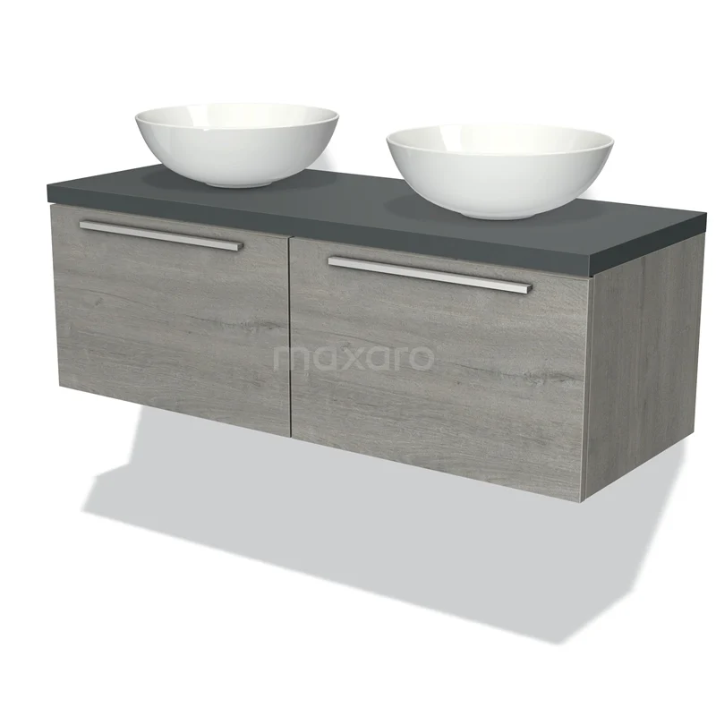 Badmöbel für Waschtischunterschrank mit Konsole 120cm Modulo Plato Graue Eiche 2 Schubladen Flach Dunkelgrau Platte BMK12-00473 Modern hängendes Badmöbel mit Holzoptik, grauer Platte und doppelten weißen Aufsatzwaschbecken, ideal für stilvolle Bäder.