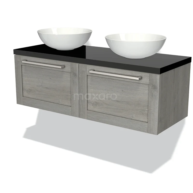 Badmöbel für Aufsatzwaschbecken 120cm Modulo Plato Grau Eiche 2 Schubladen Rahmen Hochglanz Schwarz Platte BMK12-00476 Hölzernes Badezimmermöbel mit grauem Unterschrank, schwarzer Platte und zwei weißen Aufsatzwaschbecken, ideal für eine moderne Badezimmer Einrichtung.