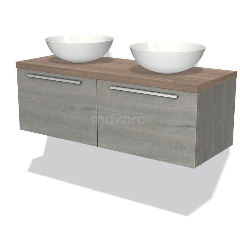 Modulo Plato Vanity units for countertop basin | 120 cm Grey oak Flat front Mid brown oak worktop 2 Side-by-side drawers BMK12-00483