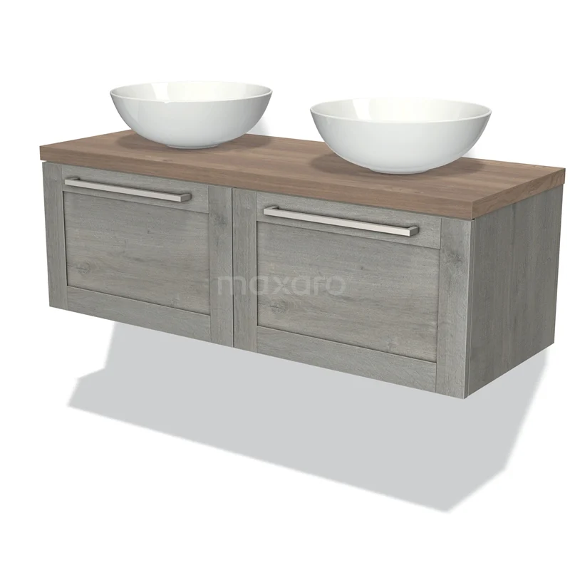 Badmöbel für Waschtischunterschrank mit Konsole 120cm Modulo Plato Grau Eiche 2 Schubladen Rahmen mittelbraune Eiche Platte BMK12-00484 Holz-Badmöbel mit zwei weißen Waschbecken, grauem Schubladenschrank und modernen Haltegriffen für eine stilvolle Badezimmergestaltung.