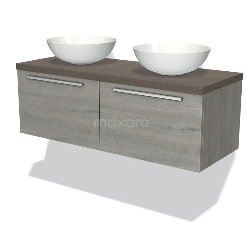 Badmöbel für Waschtischunterschrank mit Konsole 120cm Modulo Plato Graue Eiche 2 Schubladen Flach Dunkelbraune Eiche Platte BMK12-00485 Graues Holz-Badmöbel mit zwei weißen Aufsatzwaschbecken, modernes Design und metallischen Haltegriffen, ideal für stilvolle Bäder.