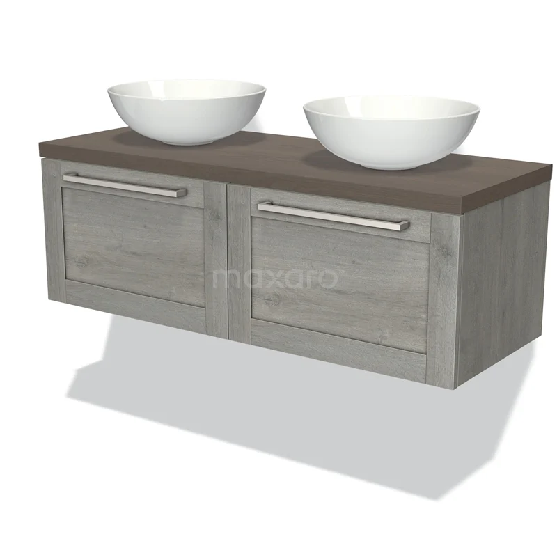 Badmöbel für Waschtischunterschrank mit Konsole 120cm Modulo Plato Graue Eiche 2 Schubladen Rahmen dunkelbraune Eiche Platte BMK12-00486 Holz-Badmöbel mit zwei weißen Aufsatzwaschbecken, grauen Türen und stilvollen Haltegriffen, ideal für ein modernes Badezimmer.