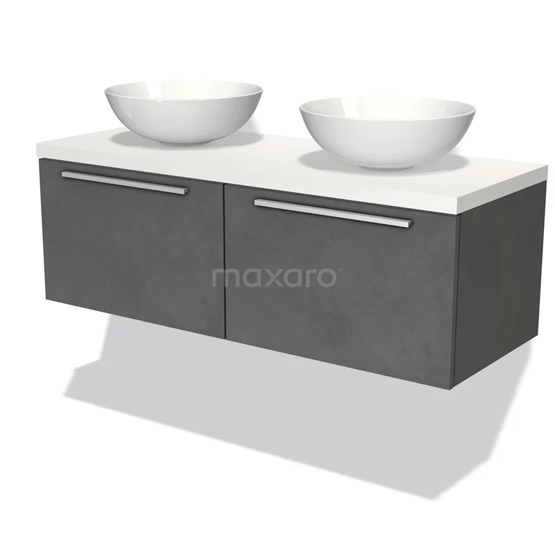 Badmöbel für Waschtischunterschrank mit Konsole 120cm Modulo Plato Dunkelgrau Beton 2 Schubladen Flach Matt Weiß Platte BMK12-00507 Graue hängende Badmöbelset mit Doppelwaschbecken, moderne Zementoptik-Oberfläche und weißen Keramikkellen.