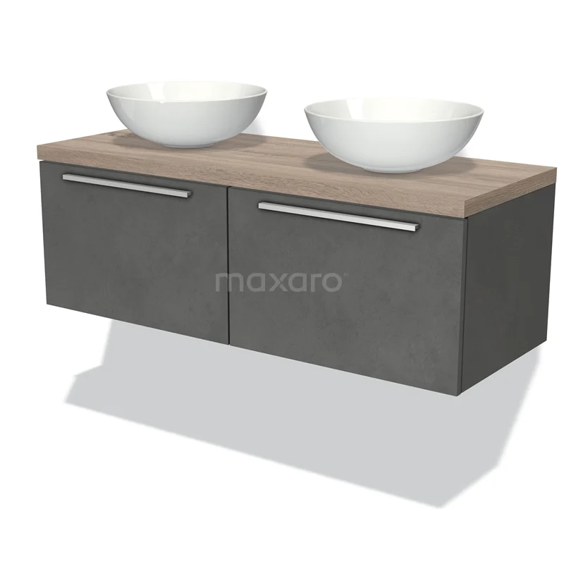 Modulo Plato Vanity units for countertop basin | 120 cm Dark grey concrete Flat front Oak worktop 2 Side-by-side drawers BMK12-00510