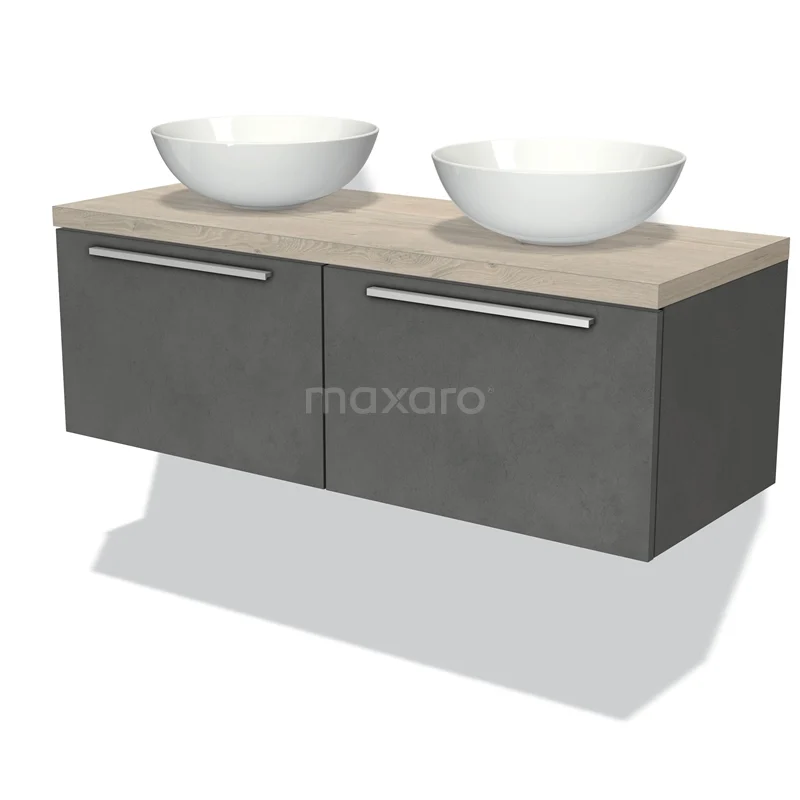 Modulo Plato Vanity units for countertop basin | 120 cm Dark grey concrete Flat front Light grey oak worktop 2 Side-by-side drawers BMK12-00511