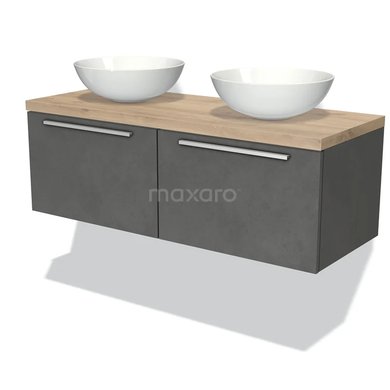 Modulo Plato Vanity units for countertop basin | 120 cm Dark grey concrete Flat front Light brown oak worktop 2 Side-by-side drawers BMK12-00512