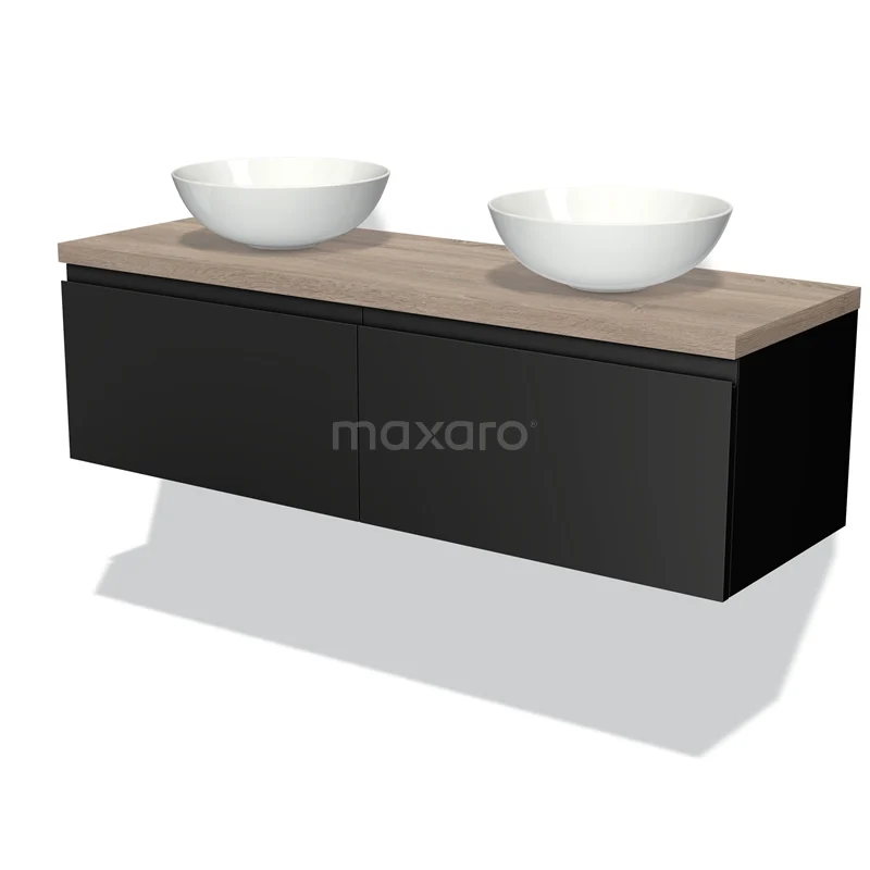 Waschtischunterschrank mit Konsole 140cm Modulo Plato Matt Schwarz 2 Schubladen Grifflose Platte aus Eiche BMK12-00534 Schwarz hängendes Badezimmermöbel mit Holzoptik-Oberfläche, doppelten runden weißen Waschbecken und modernem Design.