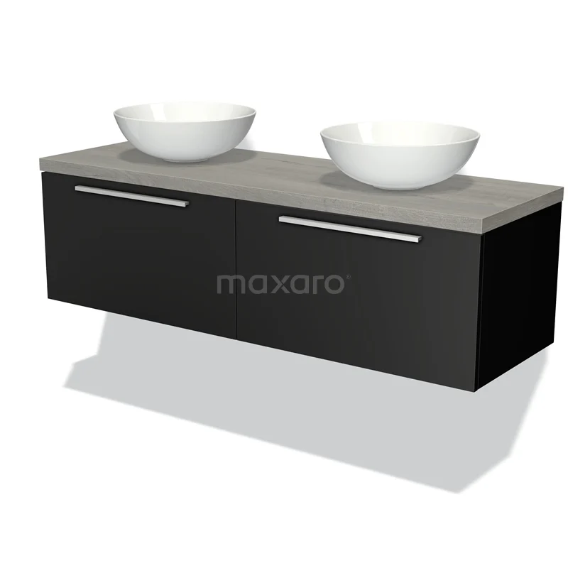 Modulo Plato Vanity units for countertop basin | 140 cm Matte black Flat front Grey oak worktop 2 Side-by-side drawers BMK12-00547
