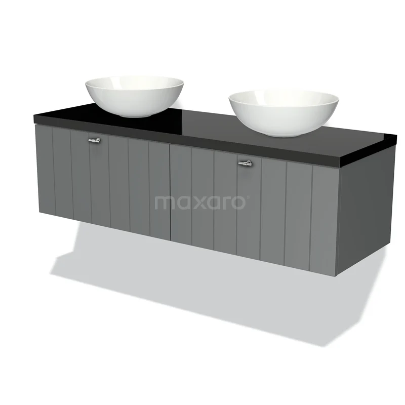 Modulo Plato Vanity units for countertop basin | 140 cm Mid grey Slat front High-gloss black worktop 2 Side-by-side drawers BMK12-00569