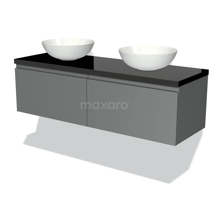 Modulo Plato Vanity units for countertop basin | 140 cm Mid grey Handle-less front High-gloss black worktop 2 Side-by-side drawers BMK12-00570