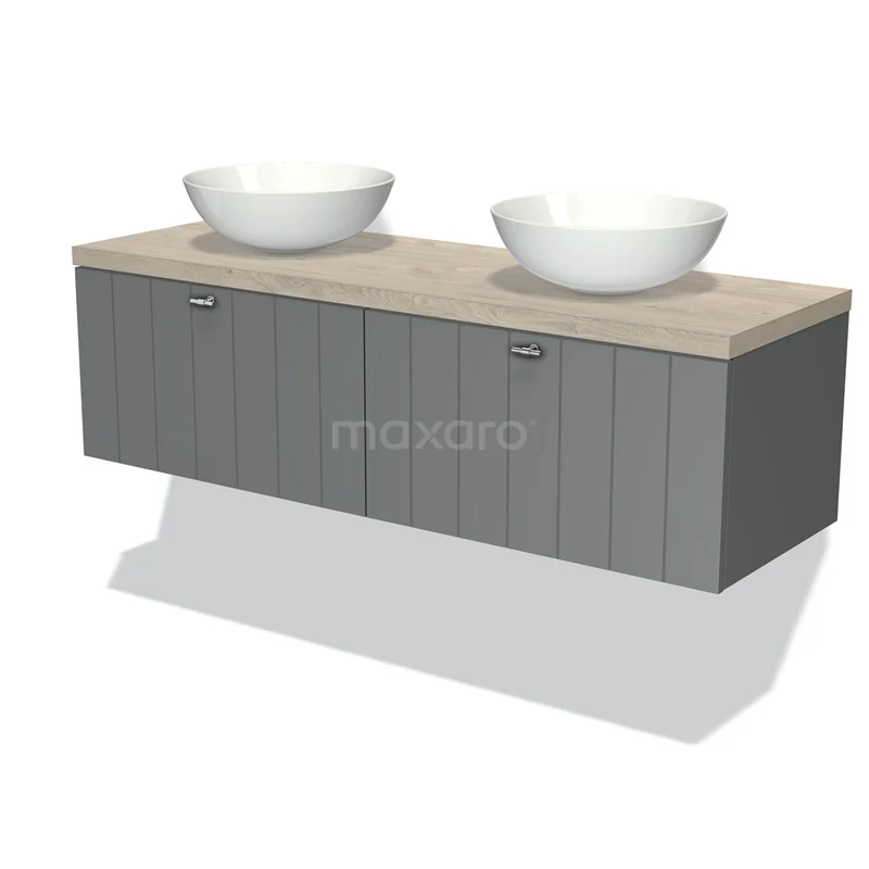 Modulo Plato Vanity units for countertop basin | 140 cm Mid grey Slat front Light grey oak worktop 2 Side-by-side drawers BMK12-00575