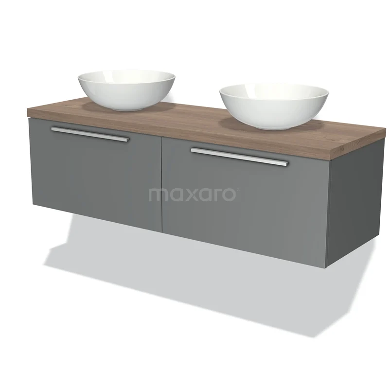 Badmöbel für Aufsatzwaschbecken 140cm Modulo Plato Mittelgrau 2 Schubladen Flach Mittelbraune Eiche Platte BMK12-00580 Moderne graue Badmöbelset mit Holzplatte, zwei weißen Aufsatzwaschbecken und schlichten Haltegriffen; stilvoll und funktional.