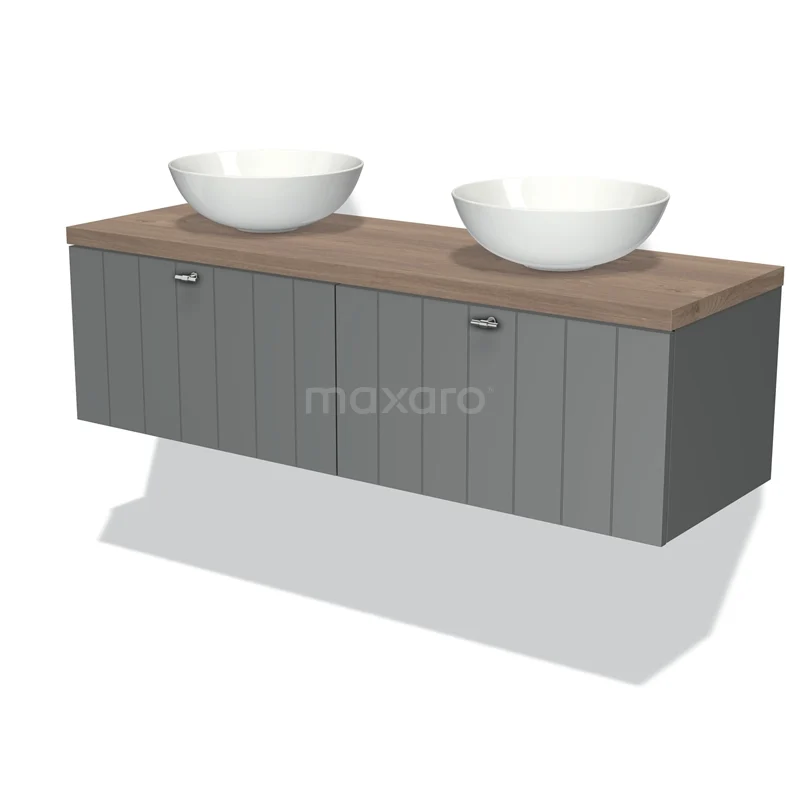 Badmöbel für Aufsatzwaschbecken 140cm Modulo Plato Mittelgrau 2 Schubladen Laminat Mittelbraune Eiche Platte BMK12-00581 Grau hängendes Badmöbel mit Holzlook Platte und zwei runden weißen Aufsatzwaschbecken, ideal für ein modernes Badezimmer.
