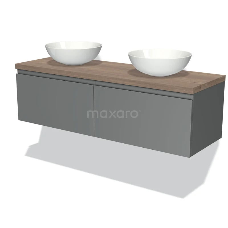 Waschtischunterschrank mit Konsole 140cm Modulo Plato Mittelgrau 2 Schubladen Grifflos mittelbraune Eiche Platte BMK12-00582 Graue hängende Badmöbelset mit Holzplatte und zwei weißen Aufsatzwaschbecken, perfekt für einen modernen Badezimmerstil.